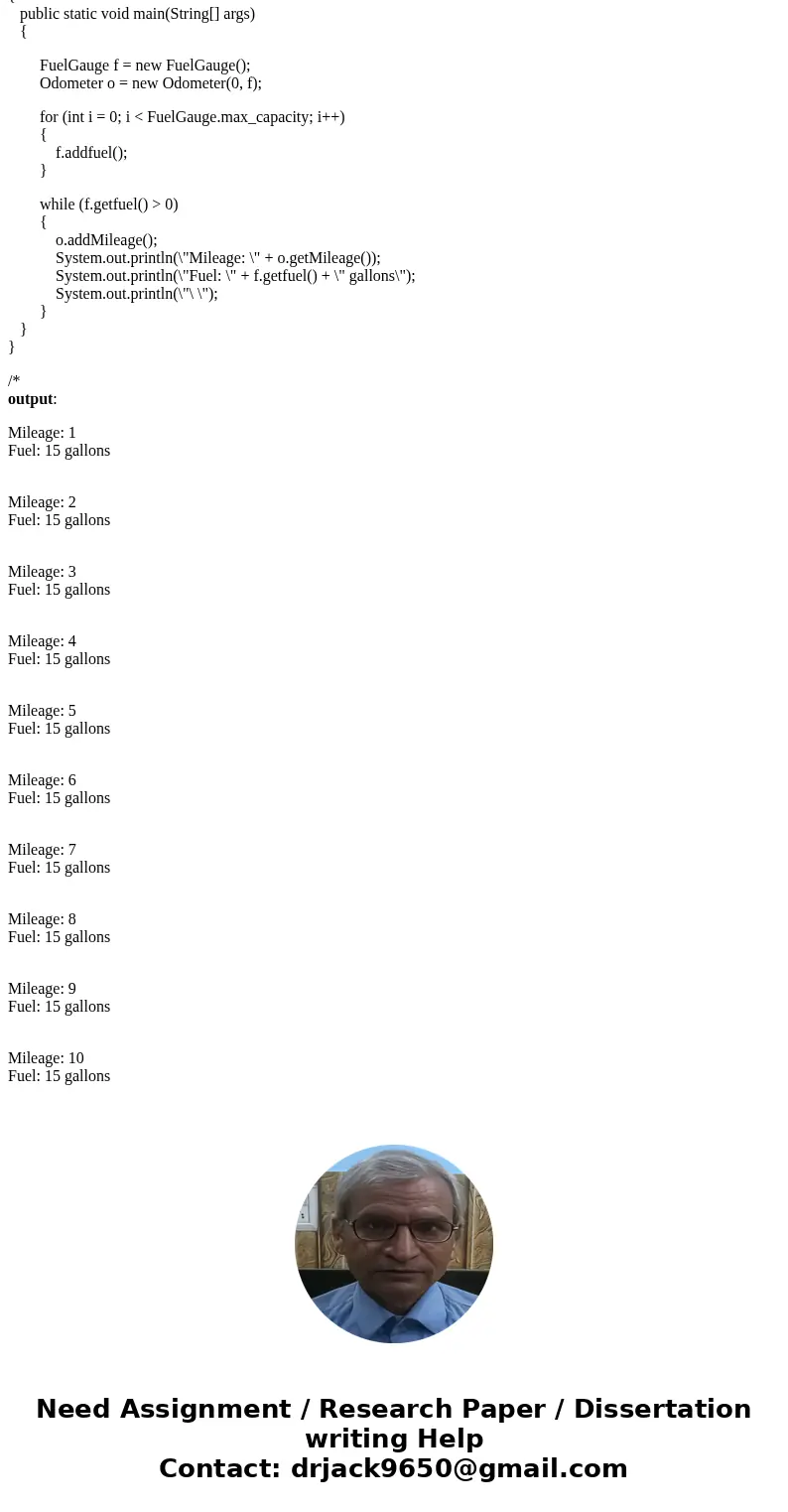  Car Instrument Simulator For this assignment, you will design a set of classes that work together to simulate a car\'s fuel gauge and odometer. The classes you
