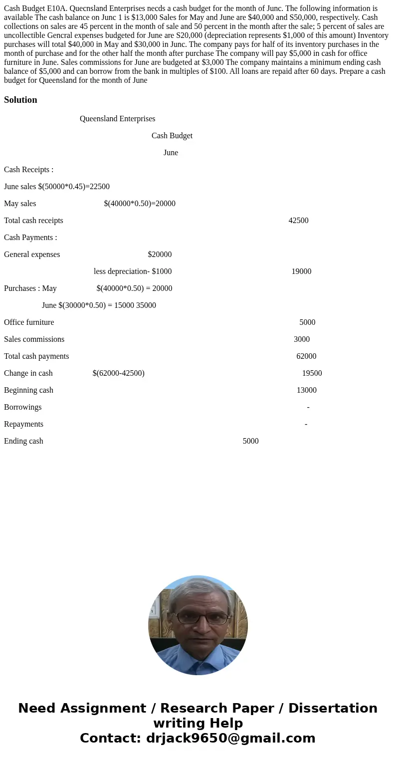  Cash Budget E10A. Quecnsland Enterprises necds a cash budget for the month of Junc. The following information is available The cash balance on Junc 1 is $13,00