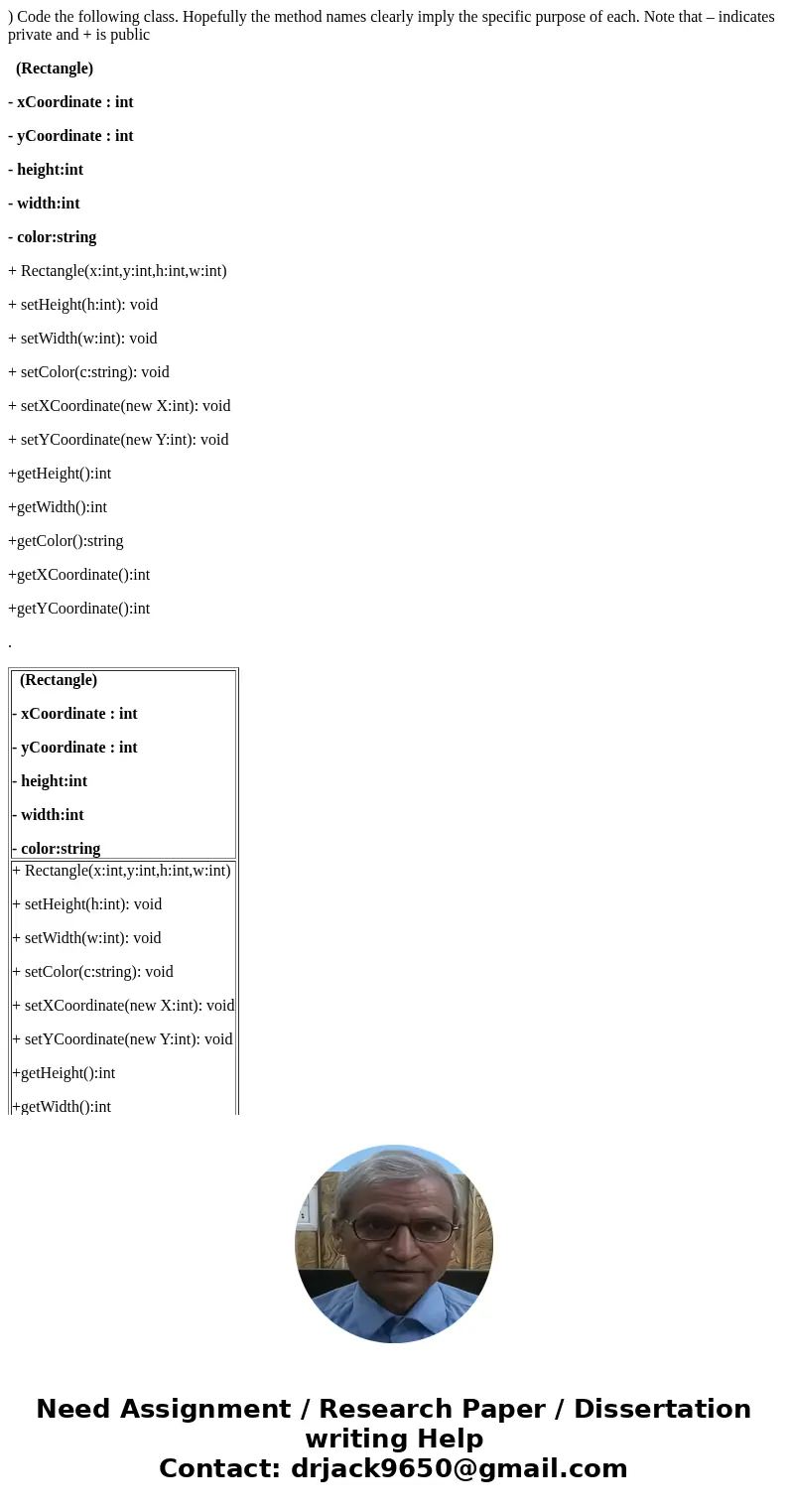 ) Code the following class. Hopefully the method names clearly imply the specific purpose of each. Note that – indicates private and + is public (Rectangle) - x