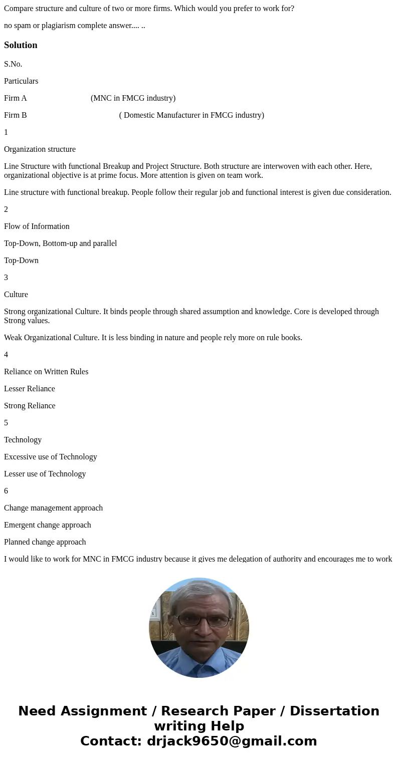 Compare structure and culture of two or more firms. Which would you prefer to work for? no spam or plagiarism complete answer.... ..SolutionS.No. Particulars Fi