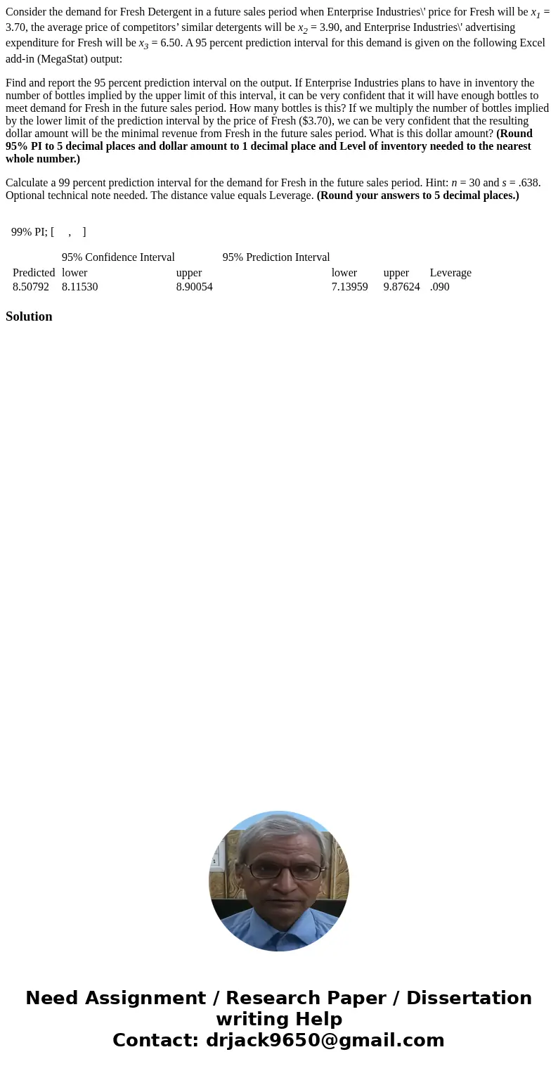 Consider the demand for Fresh Detergent in a future sales period when Enterprise Industries\' price for Fresh will be x1 = 3.70, the average price of competitor