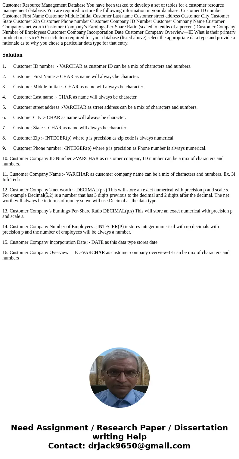 Customer Resource Management Database You have been tasked to develop a set of tables for a customer resource management database. You are required to store the
