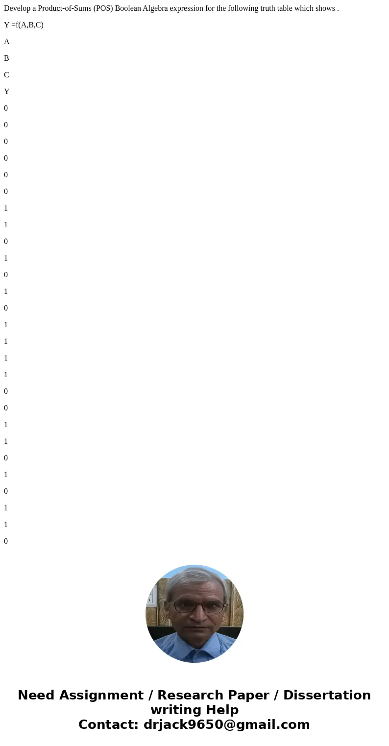 Develop a Product-of-Sums (POS) Boolean Algebra expression for the following truth table which shows . Y =f(A,B,C) A B C Y 0 0 0 0 0 0 1 1 0 1 0 1 0 1 1 1 1 0 0