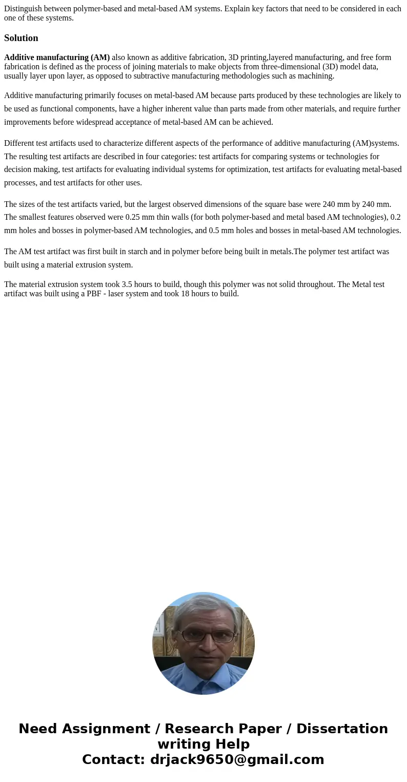 Distinguish between polymer-based and metal-based AM systems. Explain key factors that need to be considered in each one of these systems.SolutionAdditive manuf