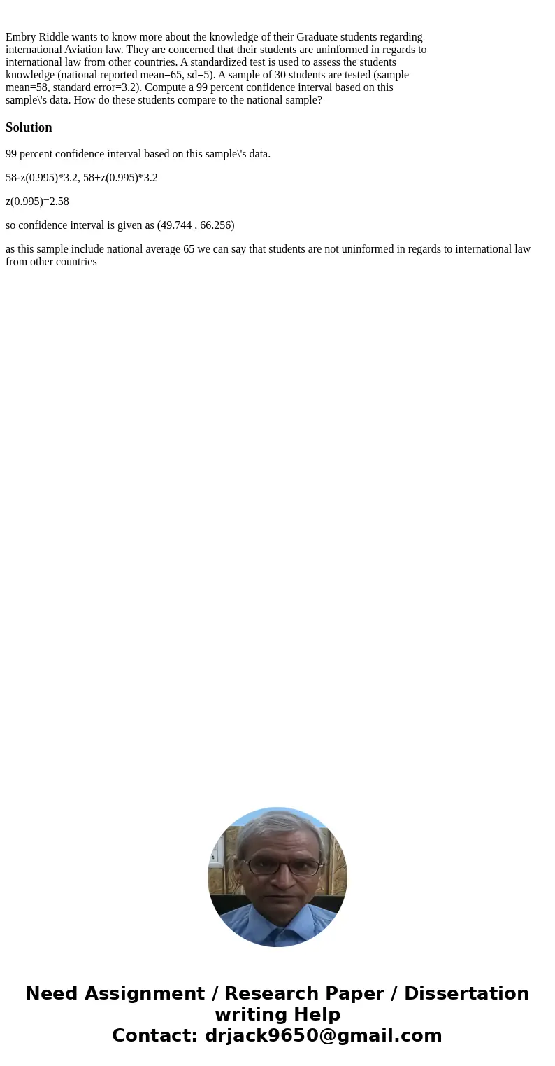  Embry Riddle wants to know more about the knowledge of their Graduate students regarding international Aviation law. They are concerned that their students are