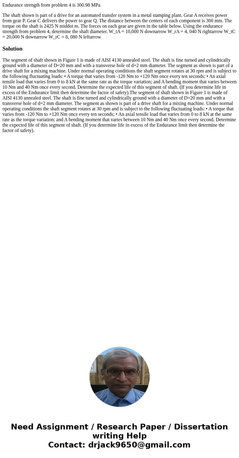 Endurance strength from problem 4 is 300.98 MPa The shaft shown is part of a drive for an automated transfer system in a metal stamping plant. Gear A receives p Endurance strength from problem 4 is 300.98 MPa The shaft shown is part of a drive for an automated transfer system in a metal stamping plant. Gear A receives p