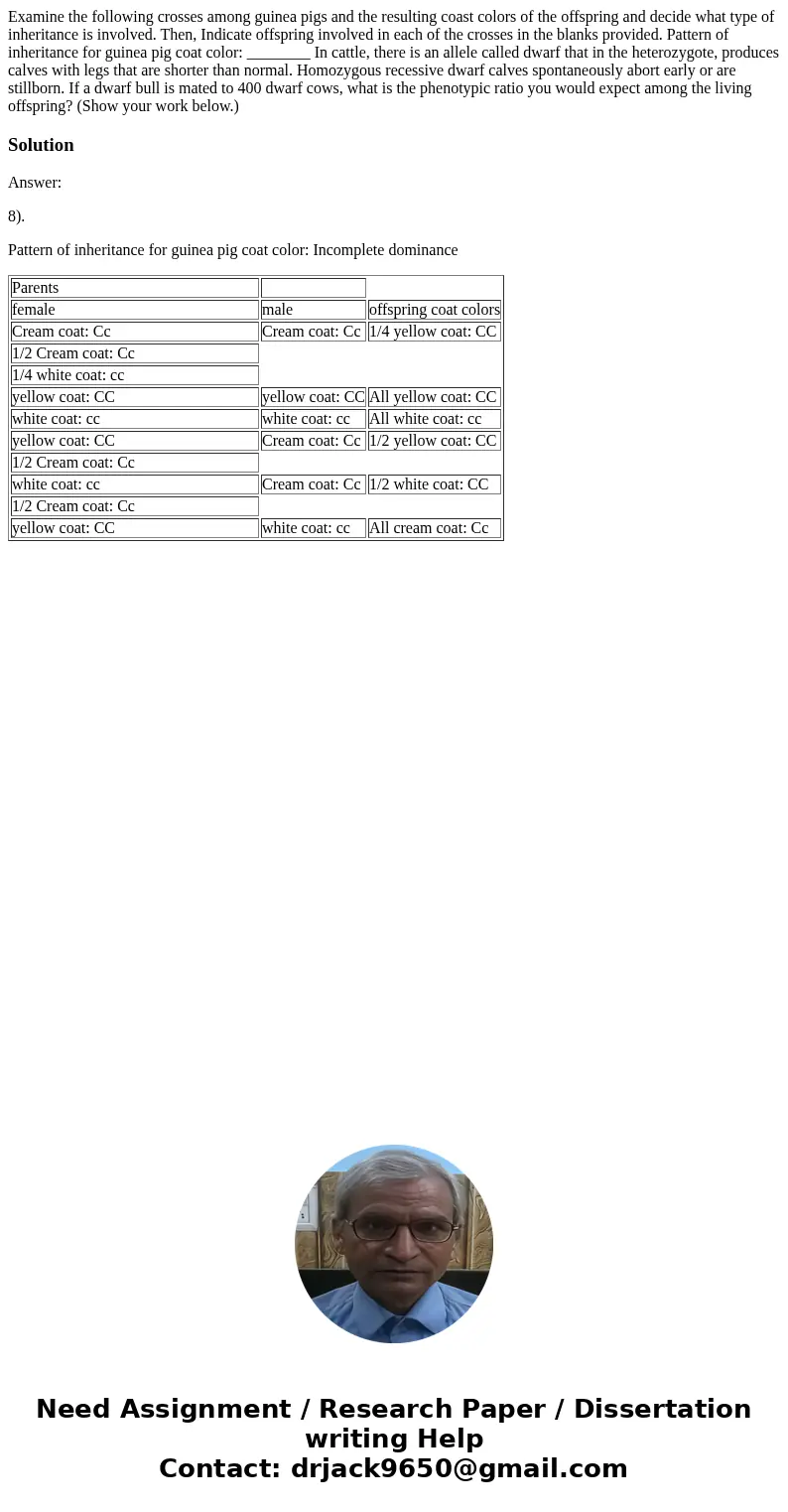  Examine the following crosses among guinea pigs and the resulting coast colors of the offspring and decide what type of inheritance is involved. Then, Indicate