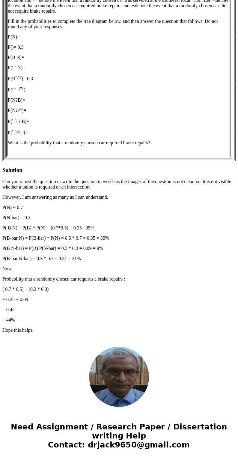 Fill in the probabilities to complete the tree diagram below, and then answer the question that follows. Do not round any of your responses. P(N)= P()= 0.3 P(B 