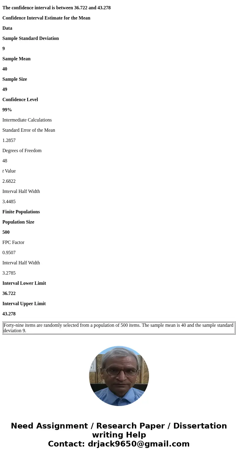 Forty-nine items are randomly selected from a population of 500 items. The sample mean is 40 and the sample standard deviation 9. Develop a 99% confidence inter