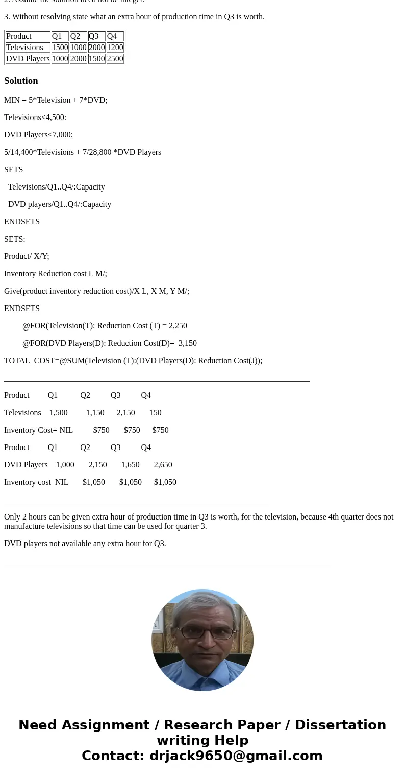 FORUMULATE a LINDO Script Electronic Hall produces Televisions and DVD Players. During the coming year quarterly demand for these products is as shown in the fo FORUMULATE a LINDO Script Electronic Hall produces Televisions and DVD Players. During the coming year quarterly demand for these products is as shown in the fo