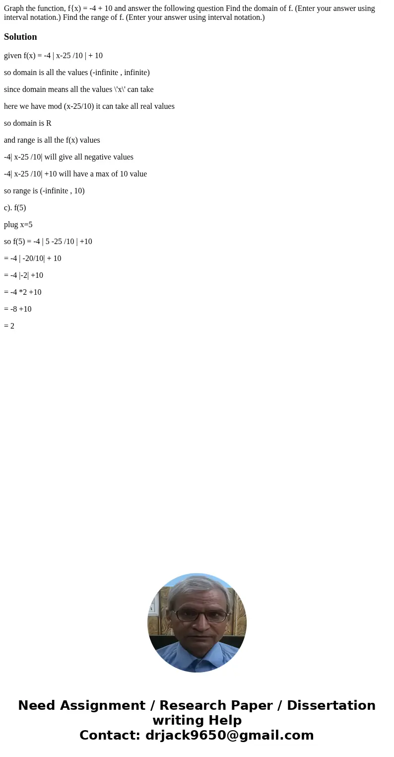  Graph the function, f{x) = -4 + 10 and answer the following question Find the domain of f. (Enter your answer using interval notation.) Find the range of f. (E