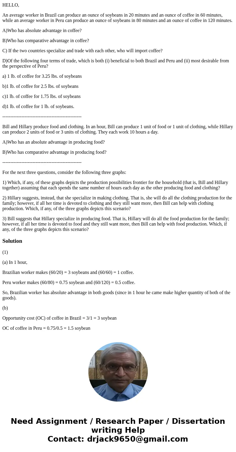 HELLO, An average worker in Brazil can produce an ounce of soybeans in 20 minutes and an ounce of coffee in 60 minutes, while an average worker in Peru can prod