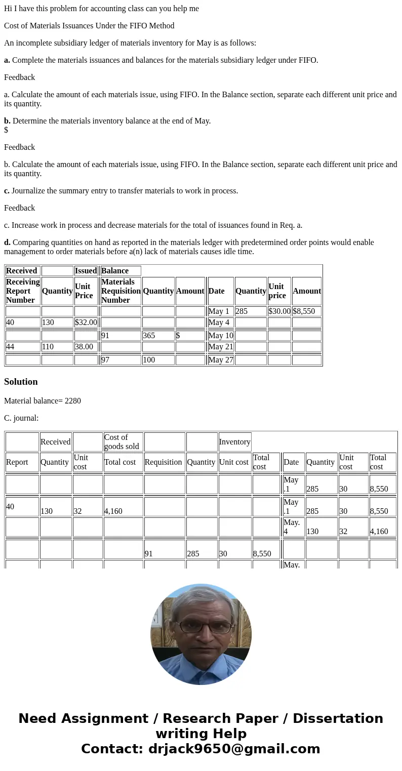 Hi I have this problem for accounting class can you help me Cost of Materials Issuances Under the FIFO Method An incomplete subsidiary ledger of materials inven