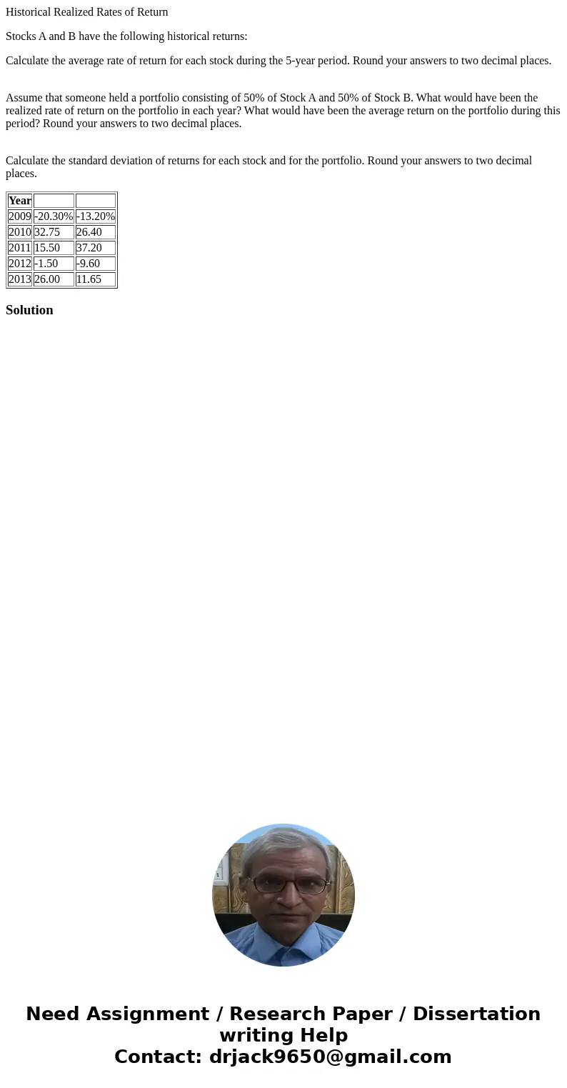Historical Realized Rates of Return Stocks A and B have the following historical returns: Calculate the average rate of return for each stock during the 5-year 