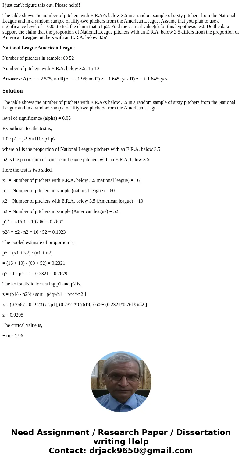 I just can\'t figure this out. Please help!! The table shows the number of pitchers with E.R.A\'s below 3.5 in a random sample of sixty pitchers from the Nation