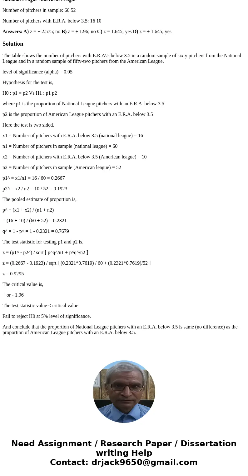 I just can\'t figure this out. Please help!! The table shows the number of pitchers with E.R.A\'s below 3.5 in a random sample of sixty pitchers from the Nation