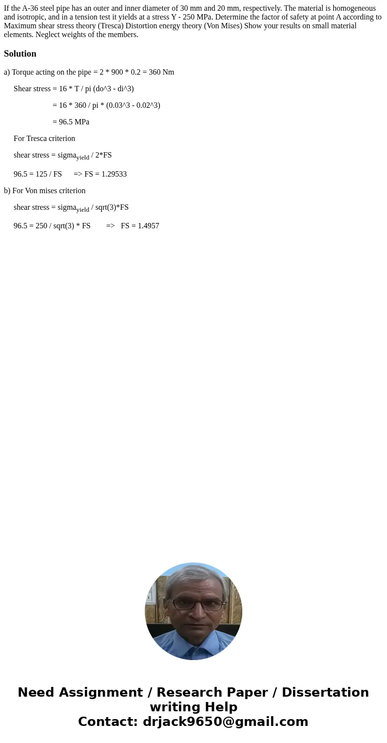  If the A-36 steel pipe has an outer and inner diameter of 30 mm and 20 mm, respectively. The material is homogeneous and isotropic, and in a tension test it yi