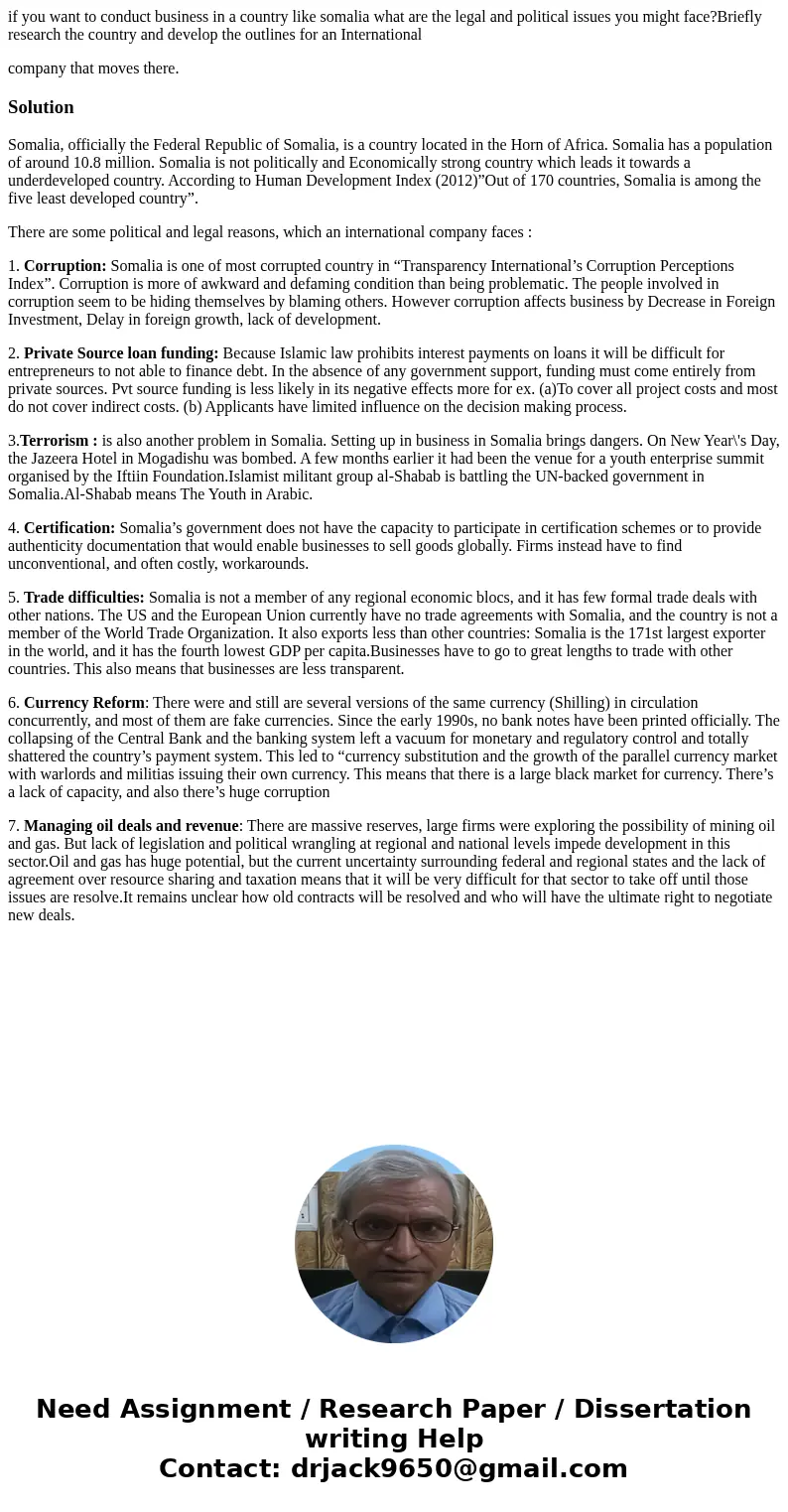 if you want to conduct business in a country like somalia what are the legal and political issues you might face?Briefly research the country and develop the ou