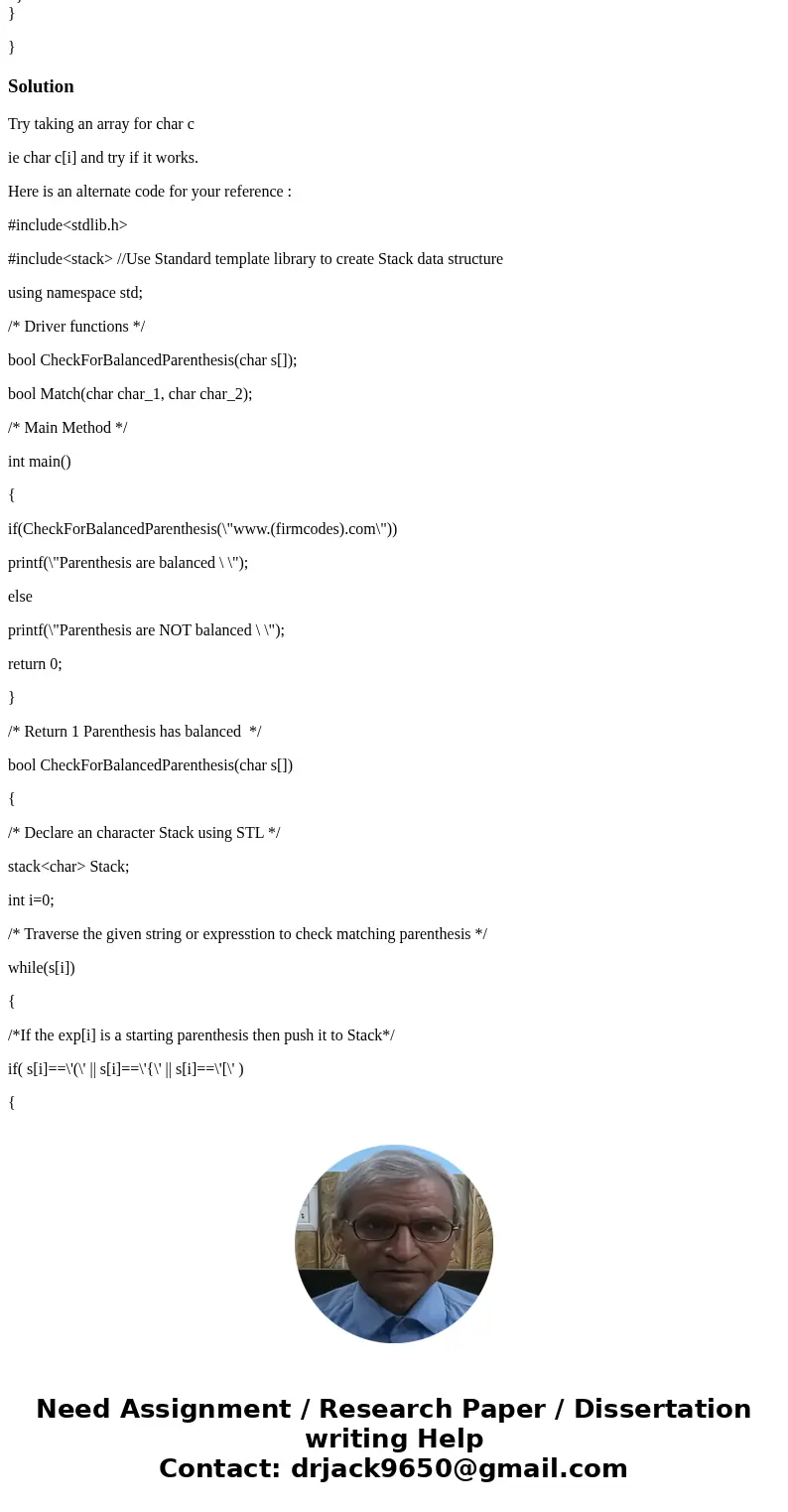 Im trying to create a c++ program that checks to see if a given file is balanced but the code constantly says it is balanced when it is not, code: #include <