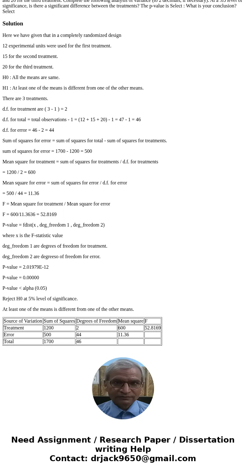 In a completely randomized design, 12 experimental units were used for the first treatment, 15 for the second treatment, and 20 for the third treatment. Comple  In a completely randomized design, 12 experimental units were used for the first treatment, 15 for the second treatment, and 20 for the third treatment. Comple