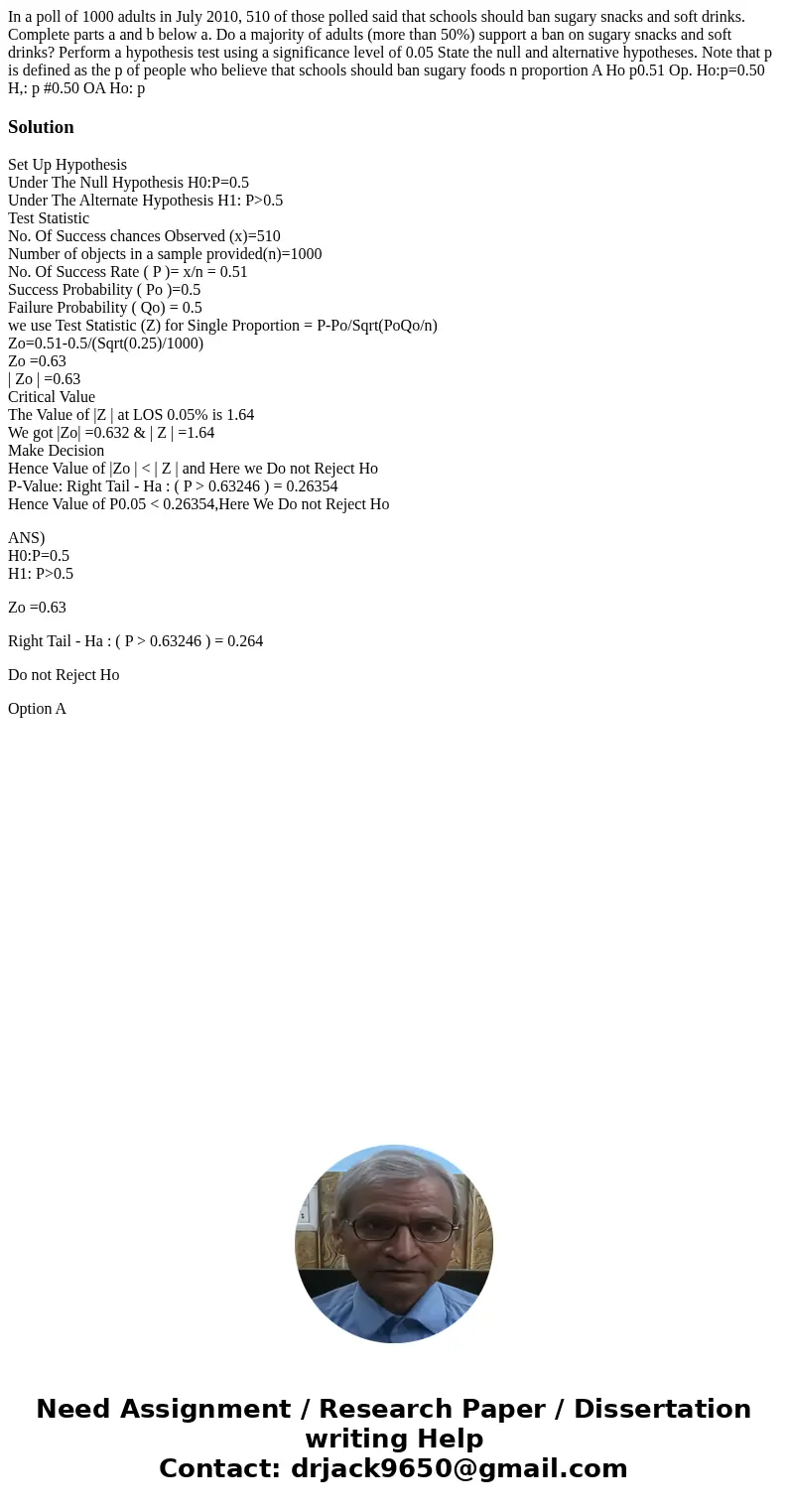  In a poll of 1000 adults in July 2010, 510 of those polled said that schools should ban sugary snacks and soft drinks. Complete parts a and b below a. Do a maj
