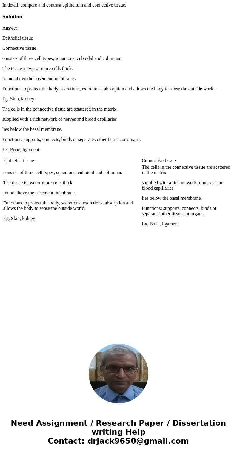 In detail, compare and contrast epithelium and connective tissue.SolutionAnswer: Epithelial tissue Connective tissue consists of three cell types; squamous, cub