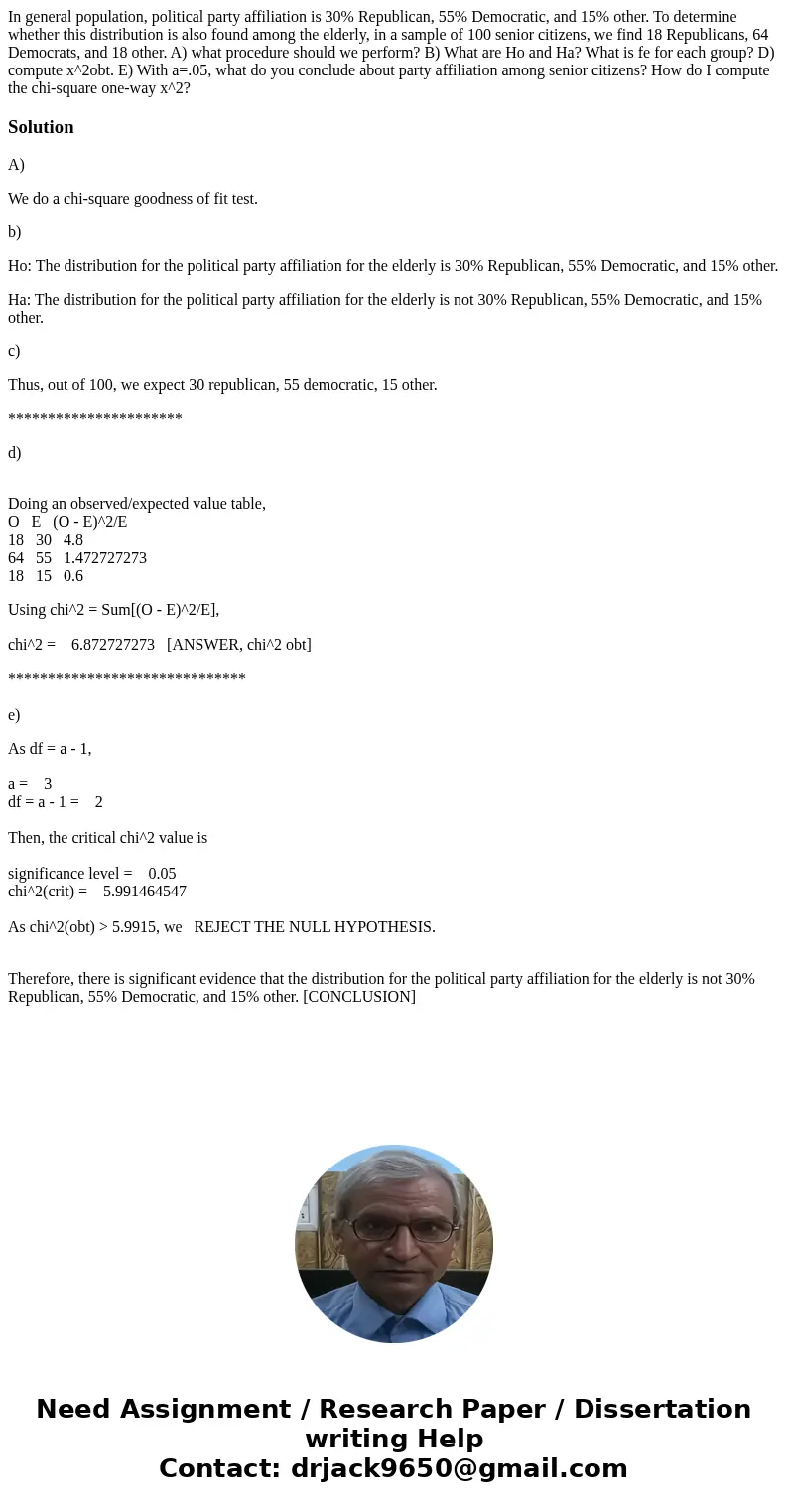 In general population, political party affiliation is 30% Republican, 55% Democratic, and 15% other. To determine whether this distribution is also found among 