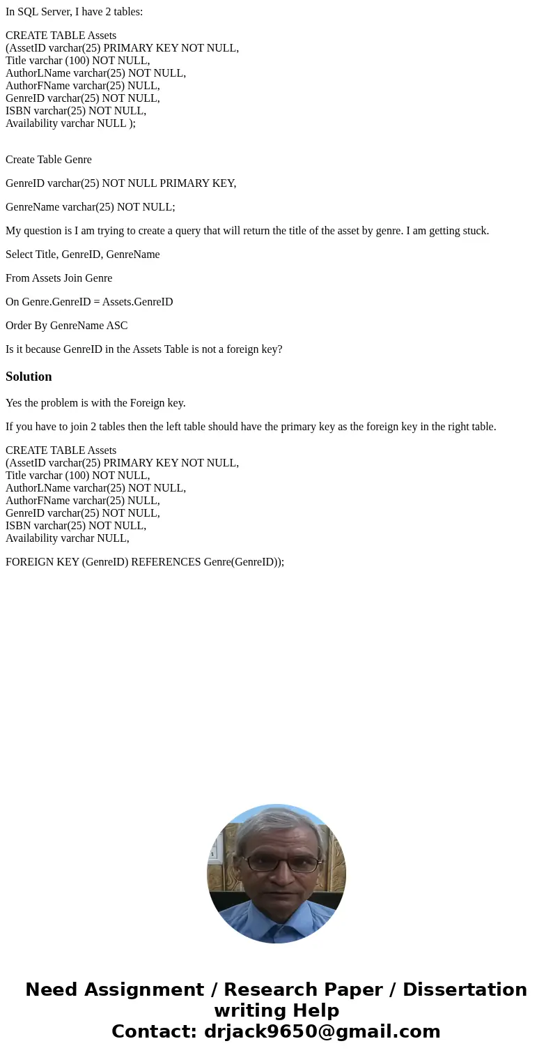 In SQL Server, I have 2 tables: CREATE TABLE Assets (AssetID varchar(25) PRIMARY KEY NOT NULL, Title varchar (100) NOT NULL, AuthorLName varchar(25) NOT NULL, A In SQL Server, I have 2 tables: CREATE TABLE Assets (AssetID varchar(25) PRIMARY KEY NOT NULL, Title varchar (100) NOT NULL, AuthorLName varchar(25) NOT NULL, A