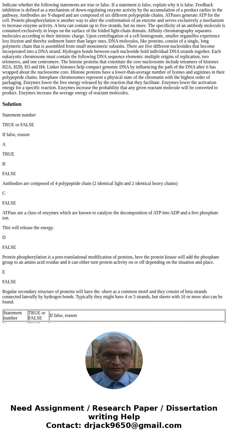  Indicate whether the following statements are true or false. If a statement is false, explain why it is false. Feedback inhibition is defined as a mechanism of