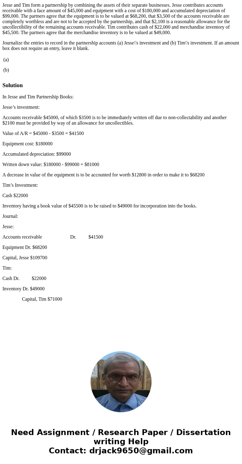 Jesse and Tim form a partnership by combining the assets of their separate businesses. Jesse contributes accounts receivable with a face amount of $45,000 and e