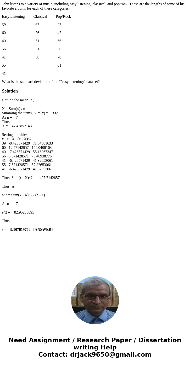 John listens to a variety of music, including easy listening, classical, and pop/rock. These are the lengths of some of his favorite albums for each of these ca John listens to a variety of music, including easy listening, classical, and pop/rock. These are the lengths of some of his favorite albums for each of these ca
