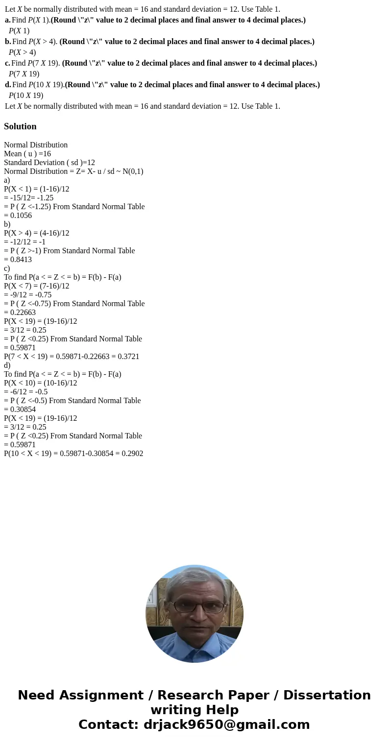  Let X be normally distributed with mean = 16 and standard deviation = 12. Use Table 1. a. Find P(X 1).(Round \