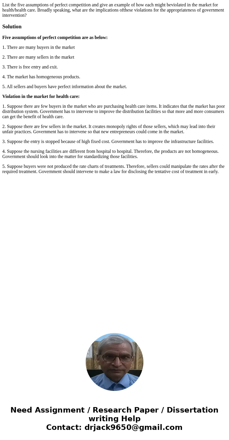 List the five assumptions of perfect competition and give an example of how each might beviolated in the market for health/health care. Broadly speaking, what a