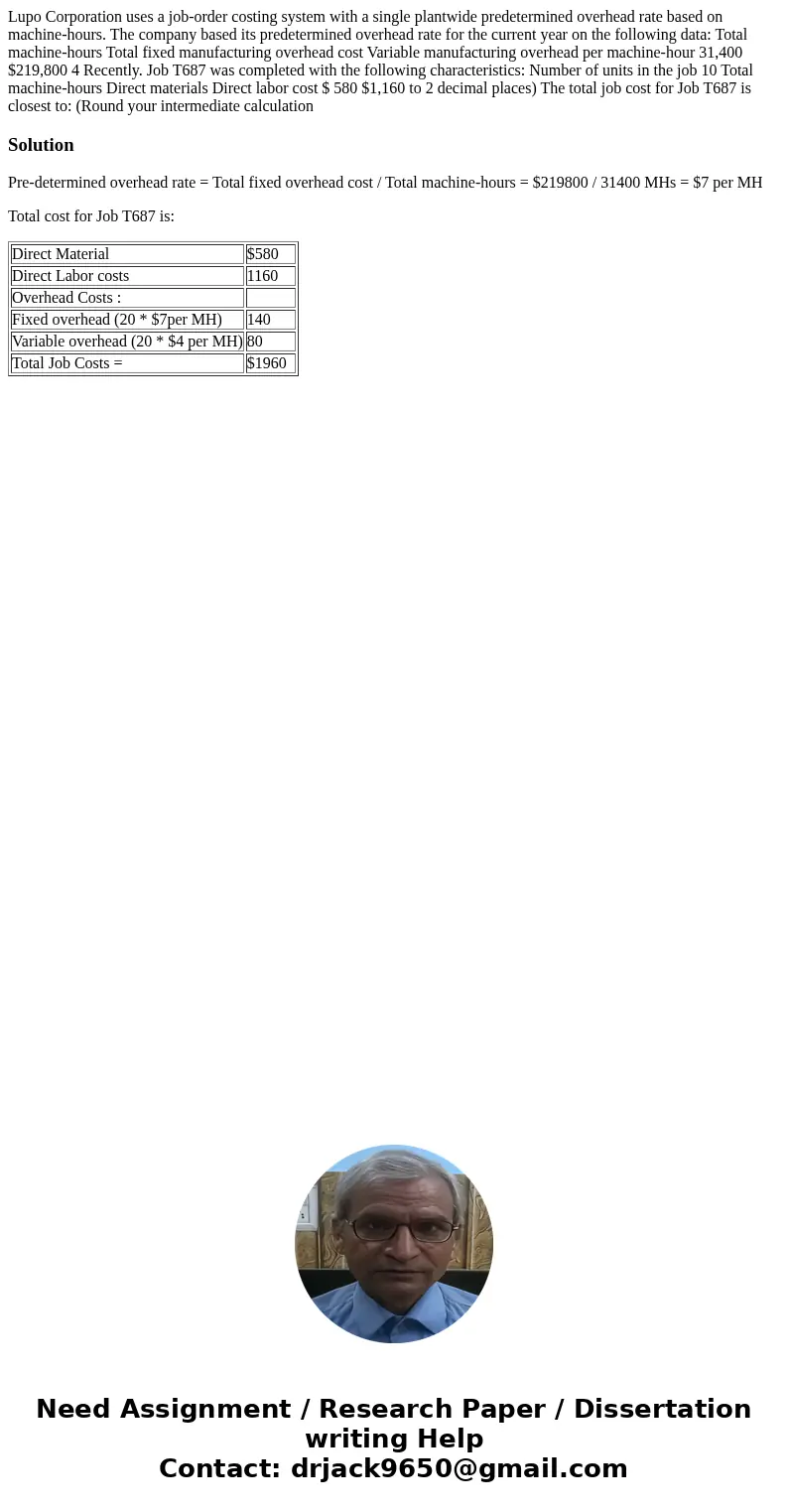  Lupo Corporation uses a job-order costing system with a single plantwide predetermined overhead rate based on machine-hours. The company based its predetermine