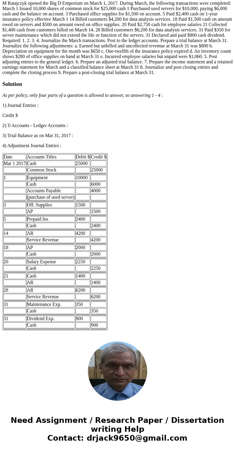  M Ratajczyk opened the Big D Emporium on March 1, 2017. During March, the following transactions were completed: March 1 Issued 10,000 shares of common stock f