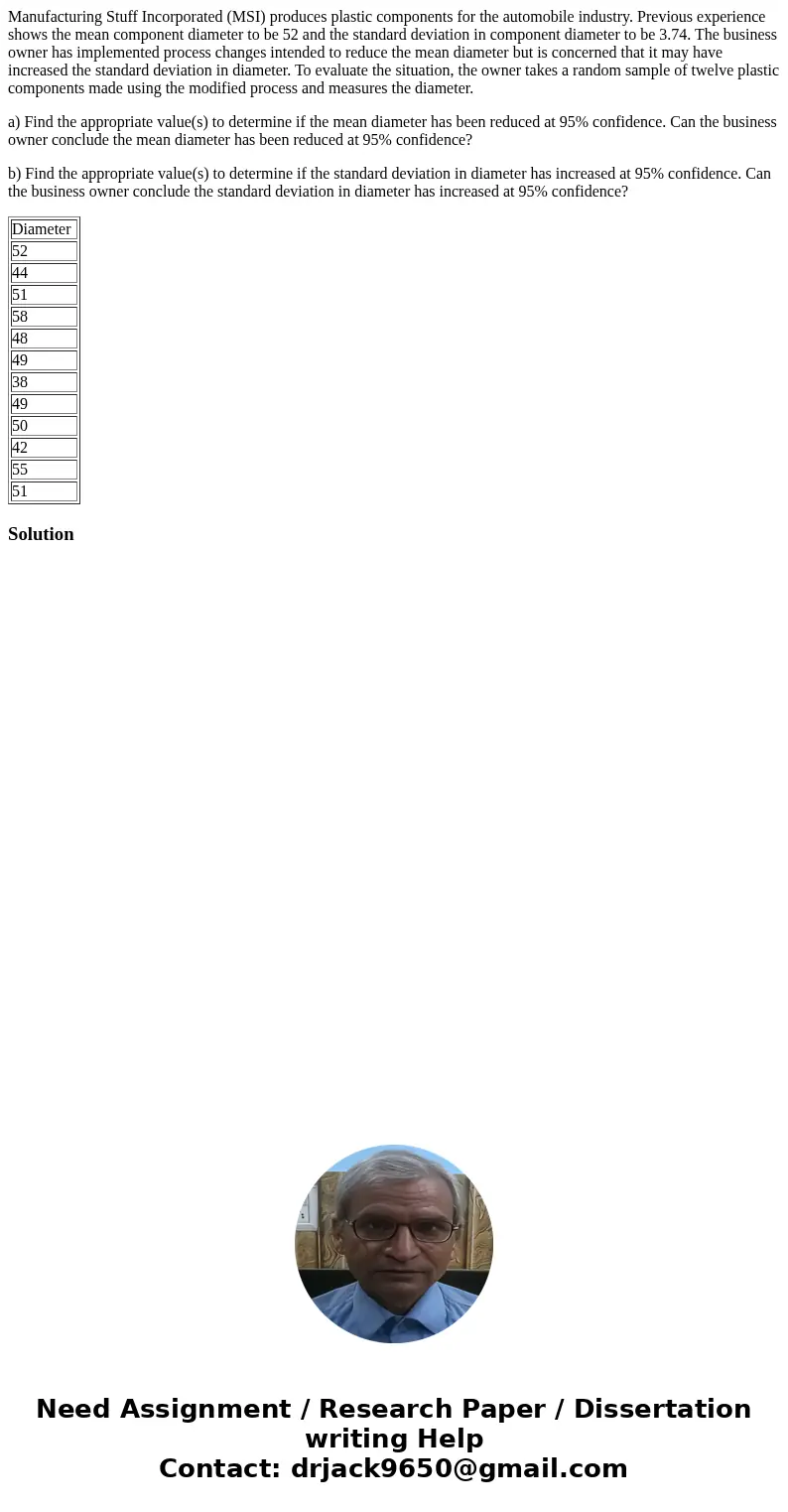 Manufacturing Stuff Incorporated (MSI) produces plastic components for the automobile industry. Previous experience shows the mean component diameter to be 52 a Manufacturing Stuff Incorporated (MSI) produces plastic components for the automobile industry. Previous experience shows the mean component diameter to be 52 a