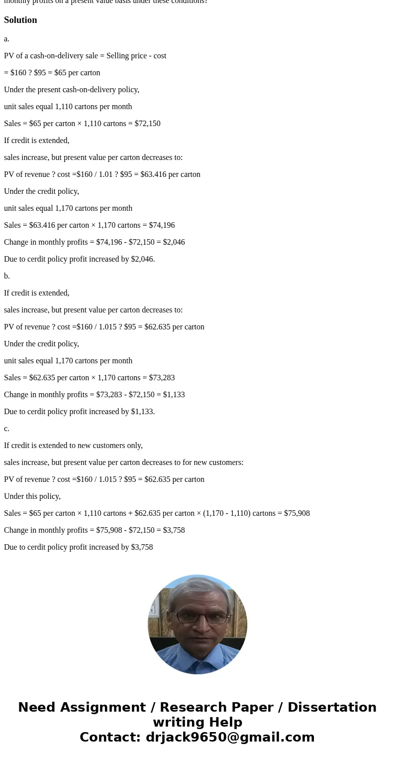 Microbiotics currently sells all of its frozen dinners cash on delivery but believes it can increase sales by offering supermarkets 1 month of free credit. The 