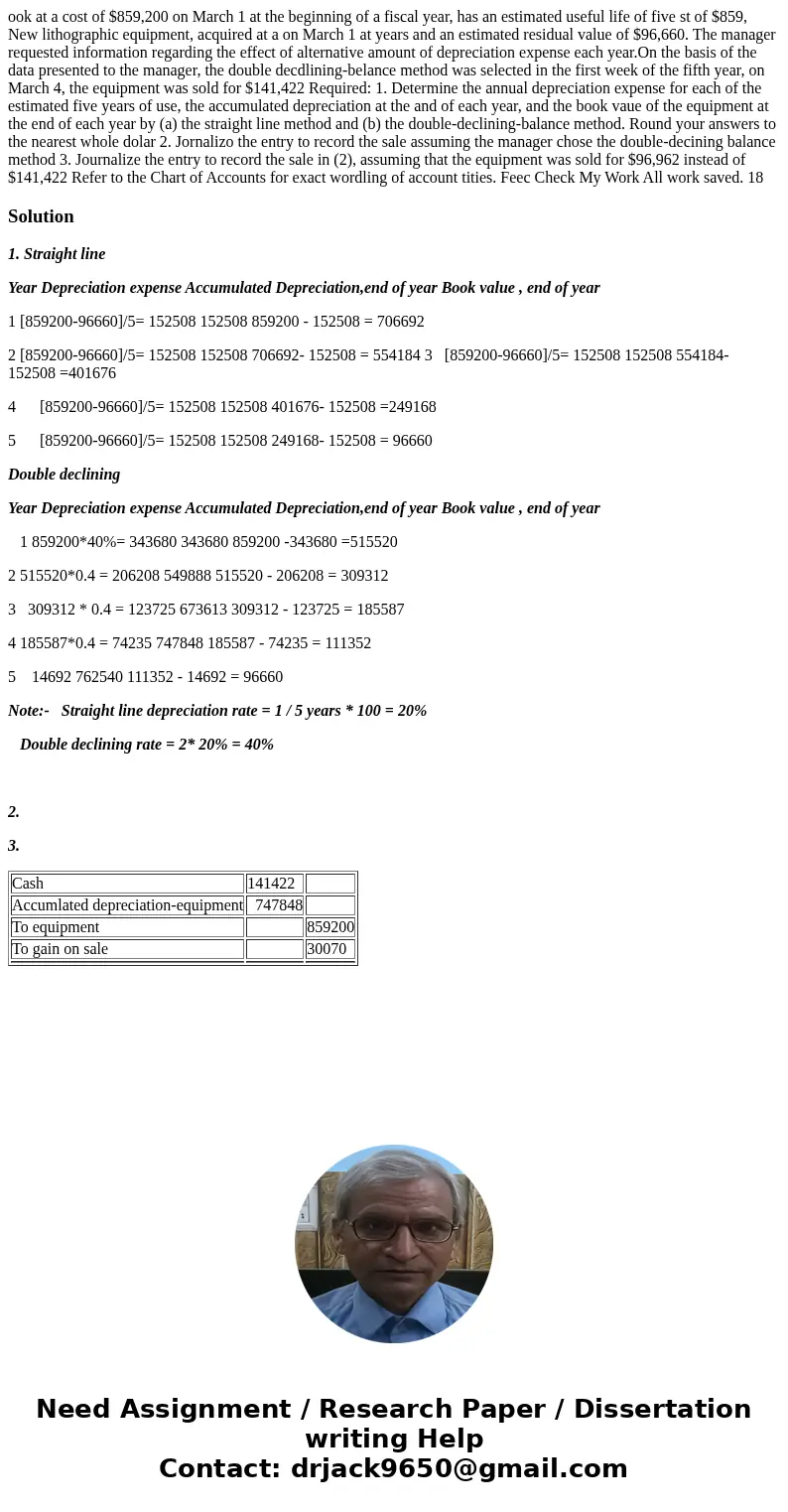  ook at a cost of $859,200 on March 1 at the beginning of a fiscal year, has an estimated useful life of five st of $859, New lithographic equipment, acquired a