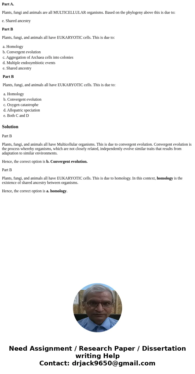 Part A. Plants, fungi and animals are all MULTICELLULAR organisms. Based on the phylogeny above this is due to: e. Shared ancestry Part B Plants, fungi, and ani Part A. Plants, fungi and animals are all MULTICELLULAR organisms. Based on the phylogeny above this is due to: e. Shared ancestry Part B Plants, fungi, and ani