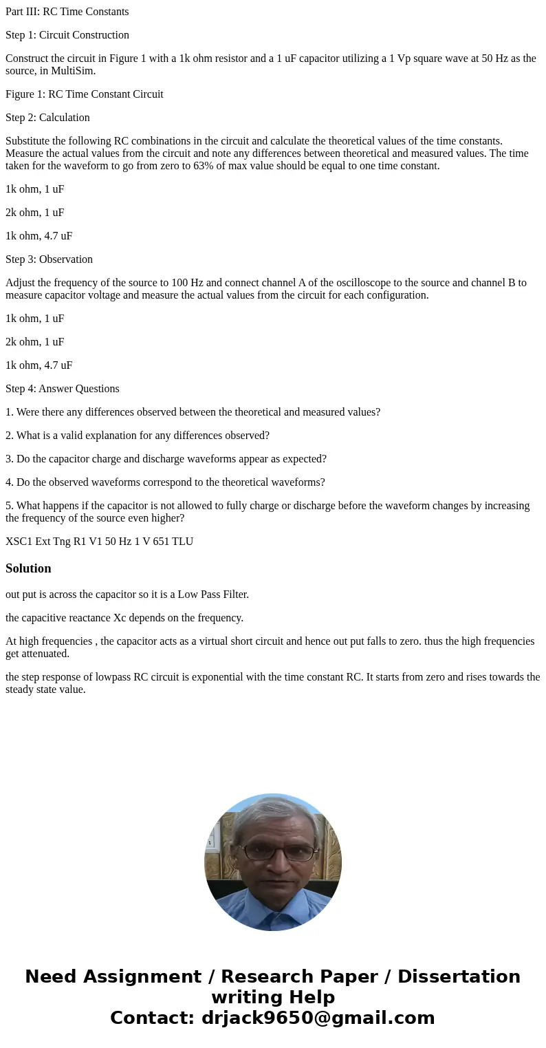 Part III: RC Time Constants Step 1: Circuit Construction Construct the circuit in Figure 1 with a 1k ohm resistor and a 1 uF capacitor utilizing a 1 Vp square w Part III: RC Time Constants Step 1: Circuit Construction Construct the circuit in Figure 1 with a 1k ohm resistor and a 1 uF capacitor utilizing a 1 Vp square w