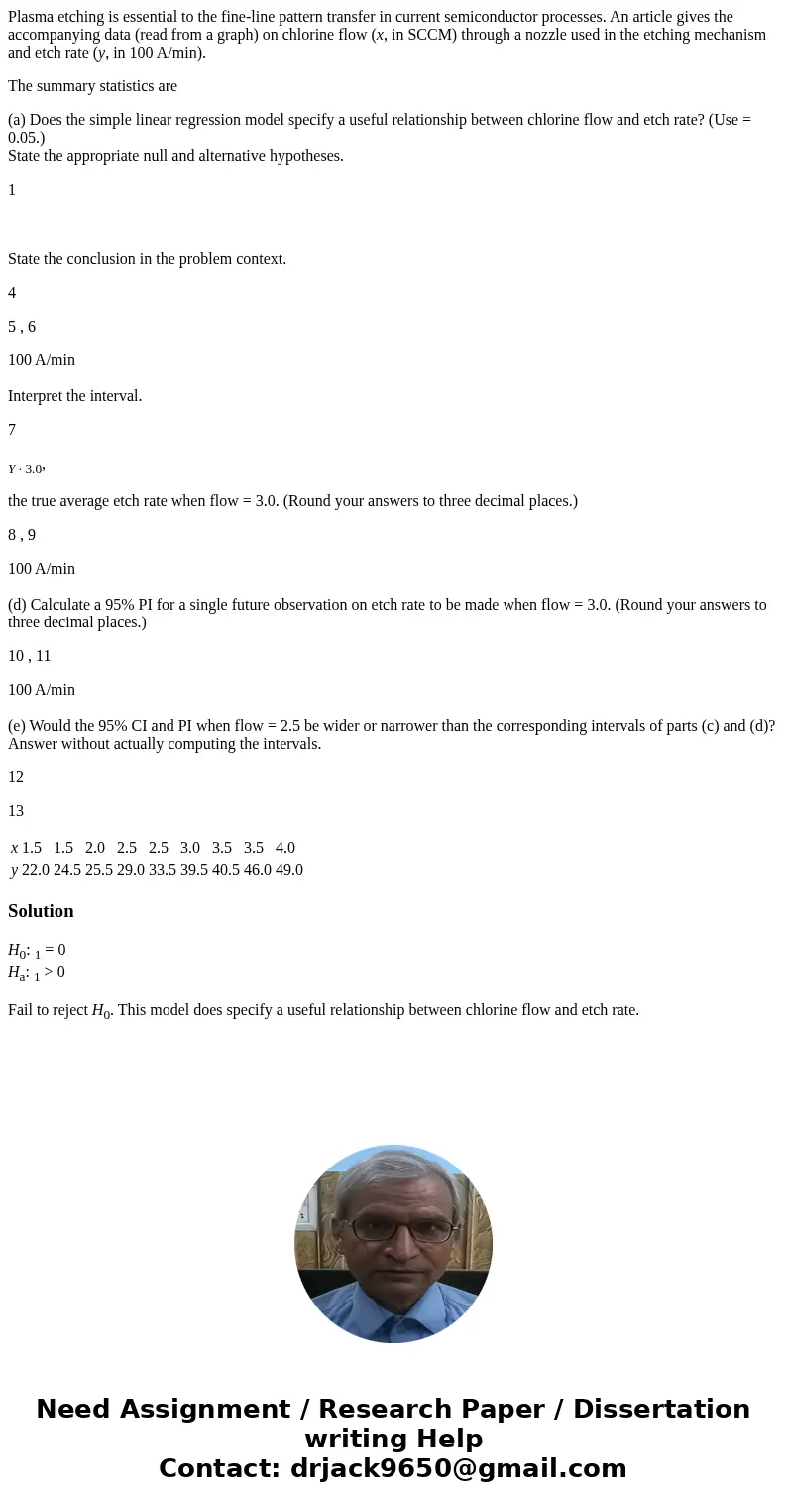 Plasma etching is essential to the fine-line pattern transfer in current semiconductor processes. An article gives the accompanying data (read from a graph) on  Plasma etching is essential to the fine-line pattern transfer in current semiconductor processes. An article gives the accompanying data (read from a graph) on