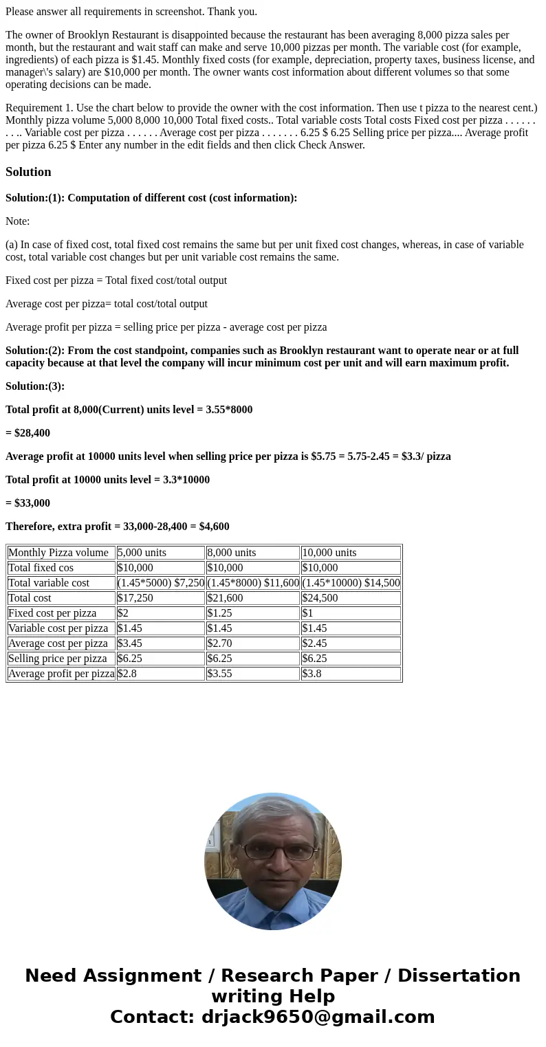 Please answer all requirements in screenshot. Thank you. The owner of Brooklyn Restaurant is disappointed because the restaurant has been averaging 8,000 pizza 
