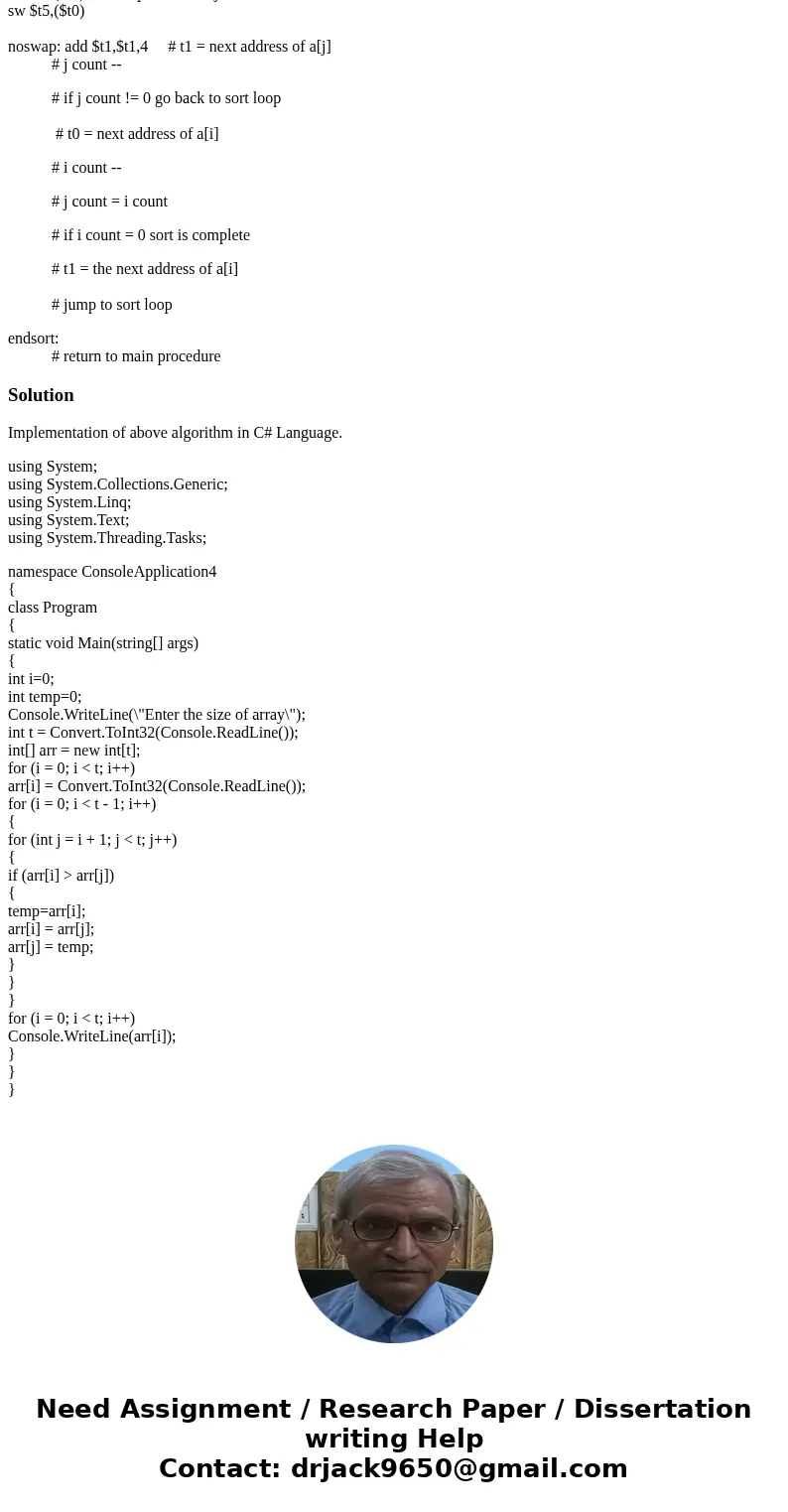 Please finish rest of code, I already write half, you need use notepad to write rest of code, and open in QtSpim Name: IOSortArray.asm # Course: CSC 211 # Descr