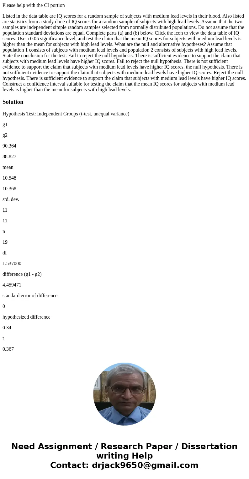 Please help with the CI portion Listed in the data table are IQ scores for a random sample of subjects with medium lead levels in their blood. Also listed are s