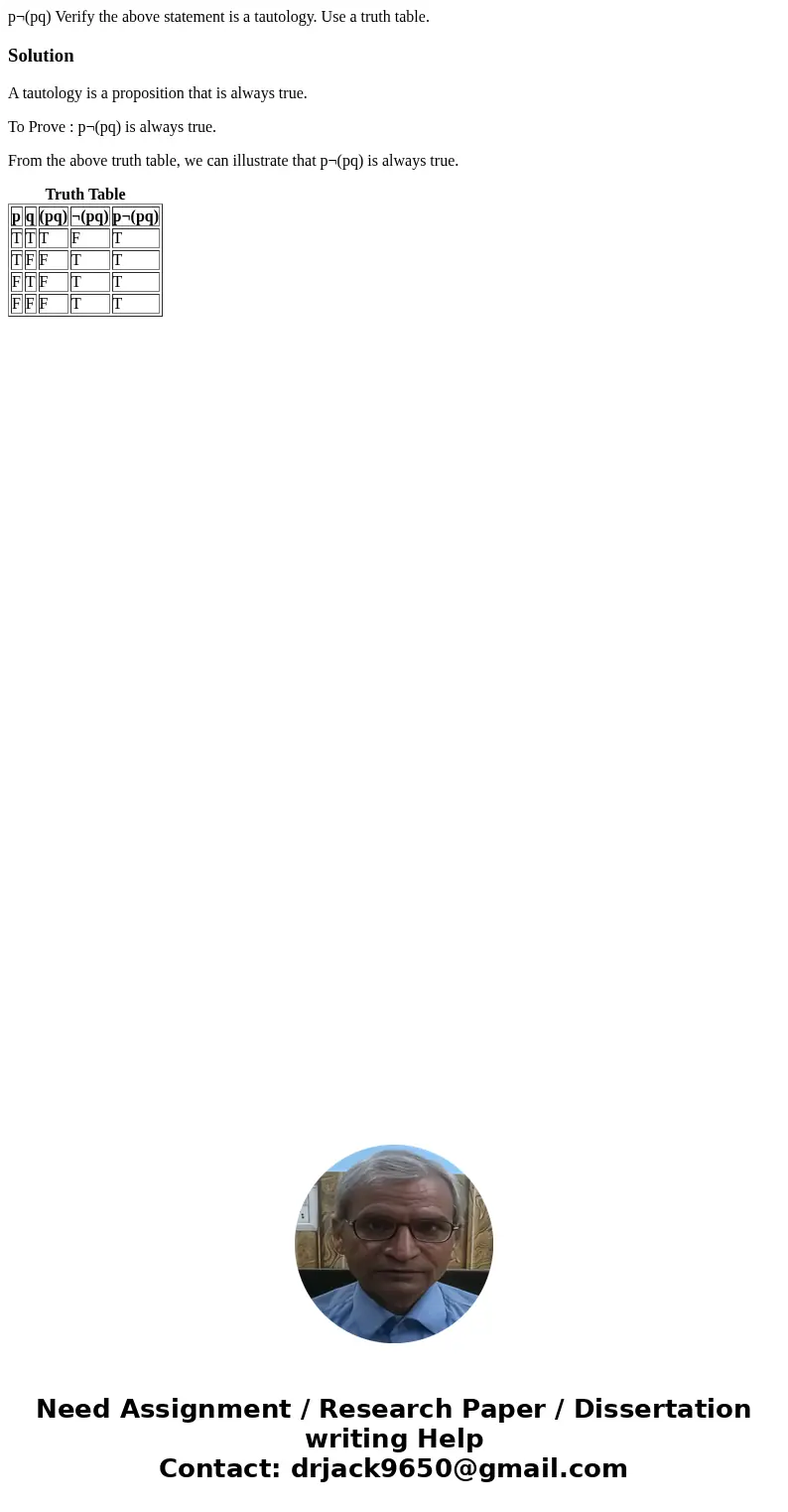 p¬(pq) Verify the above statement is a tautology. Use a truth table.SolutionA tautology is a proposition that is always true. To Prove : p¬(pq) is always true.  p¬(pq) Verify the above statement is a tautology. Use a truth table.SolutionA tautology is a proposition that is always true. To Prove : p¬(pq) is always true.