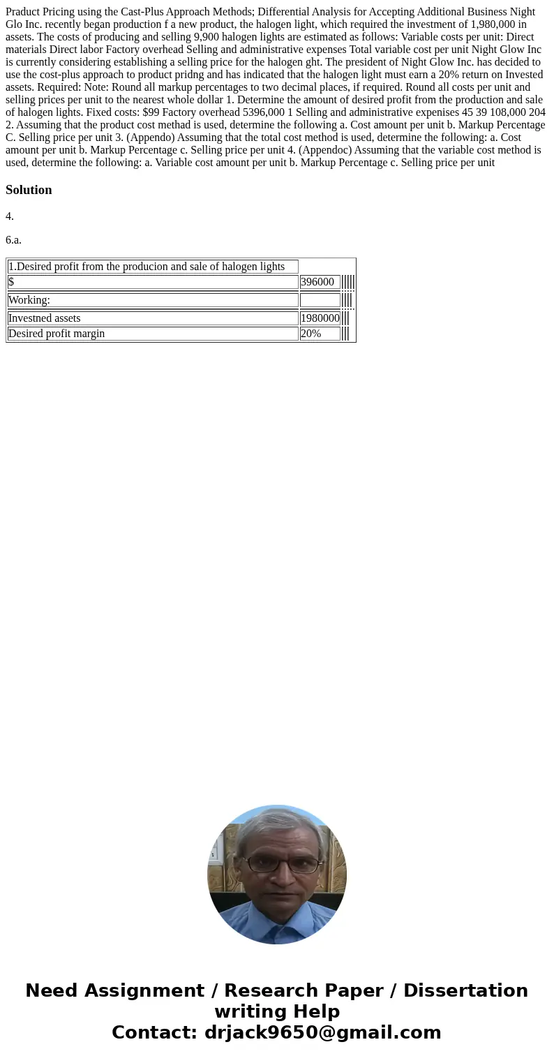  Praduct Pricing using the Cast-Plus Approach Methods; Differential Analysis for Accepting Additional Business Night Glo Inc. recently began production f a new 