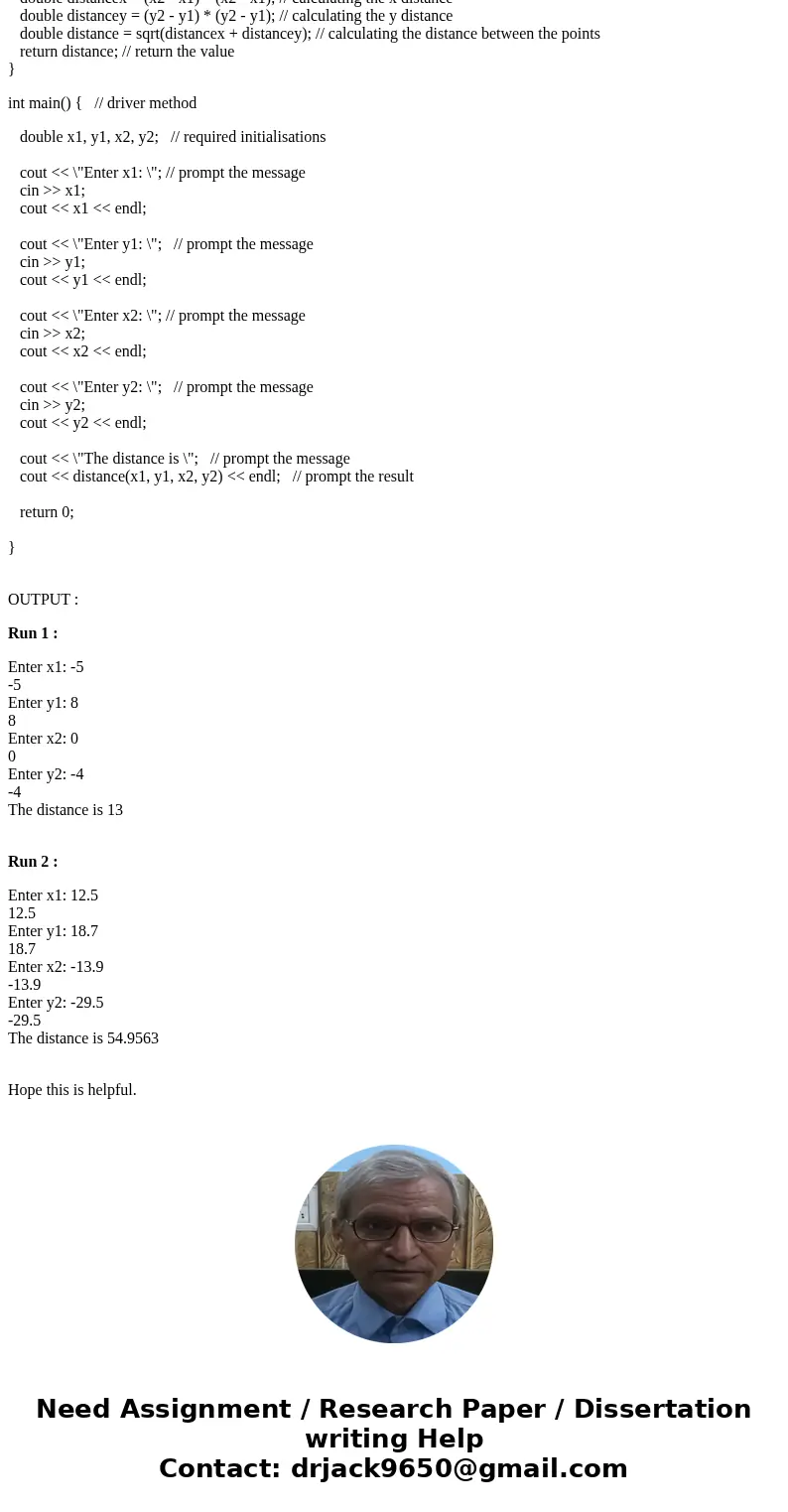 Prompt the user for two points (x1, y1), (y1, y2). Write a function that calculates the distance between the points. For a refresher on how to calculate the dis