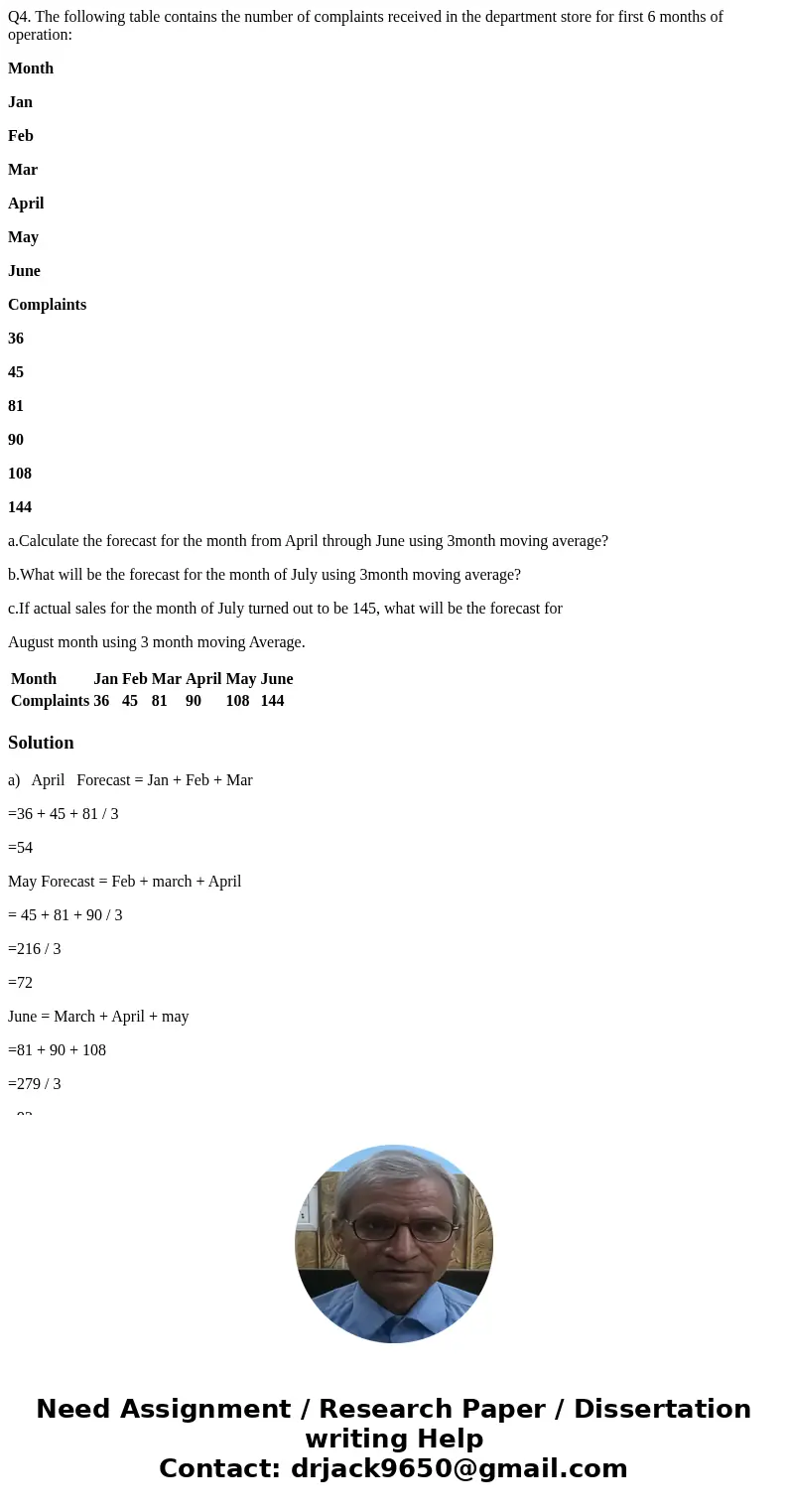 Q4. The following table contains the number of complaints received in the department store for first 6 months of operation: Month Jan Feb Mar April May June Com Q4. The following table contains the number of complaints received in the department store for first 6 months of operation: Month Jan Feb Mar April May June Com