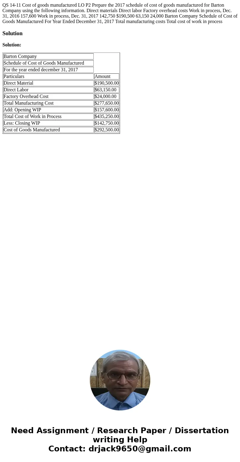  QS 14-11 Cost of goods manufactured LO P2 Prepare the 2017 schedule of cost of goods manufactured for Barton Company using the following information. Direct ma