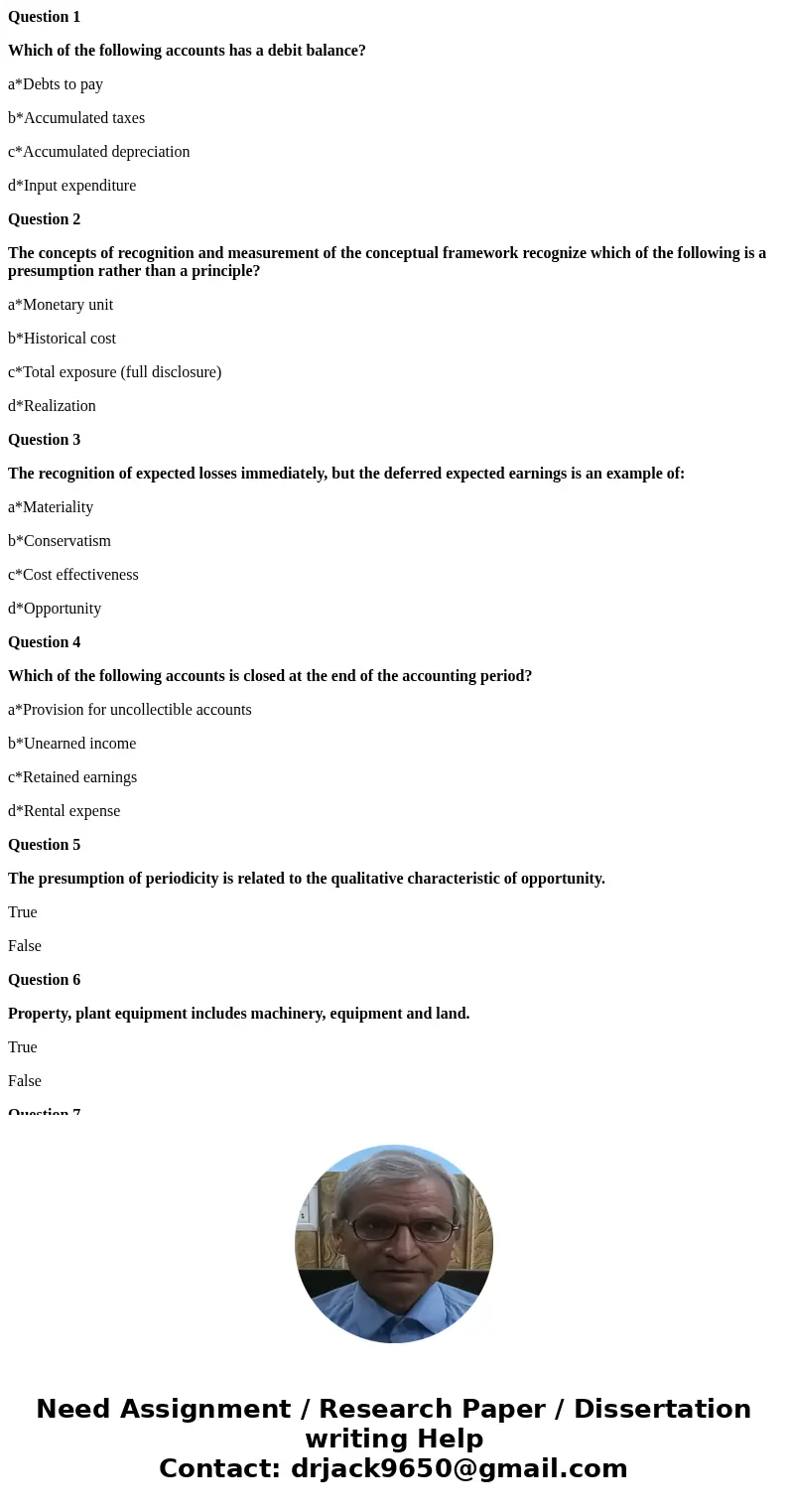 Question 1 Which of the following accounts has a debit balance? a*Debts to pay b*Accumulated taxes c*Accumulated depreciation d*Input expenditure Question 2 The